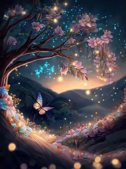 AB Diamond Painting op canvas - Fairy Dust Fantasy met Sterrenhemel, Boom & Vlinder