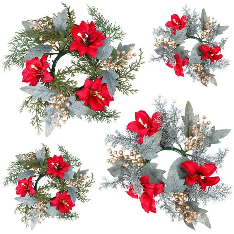 Kerst krans met rode bessen en kaarshouder voor sfeervolle tafeldecoratie