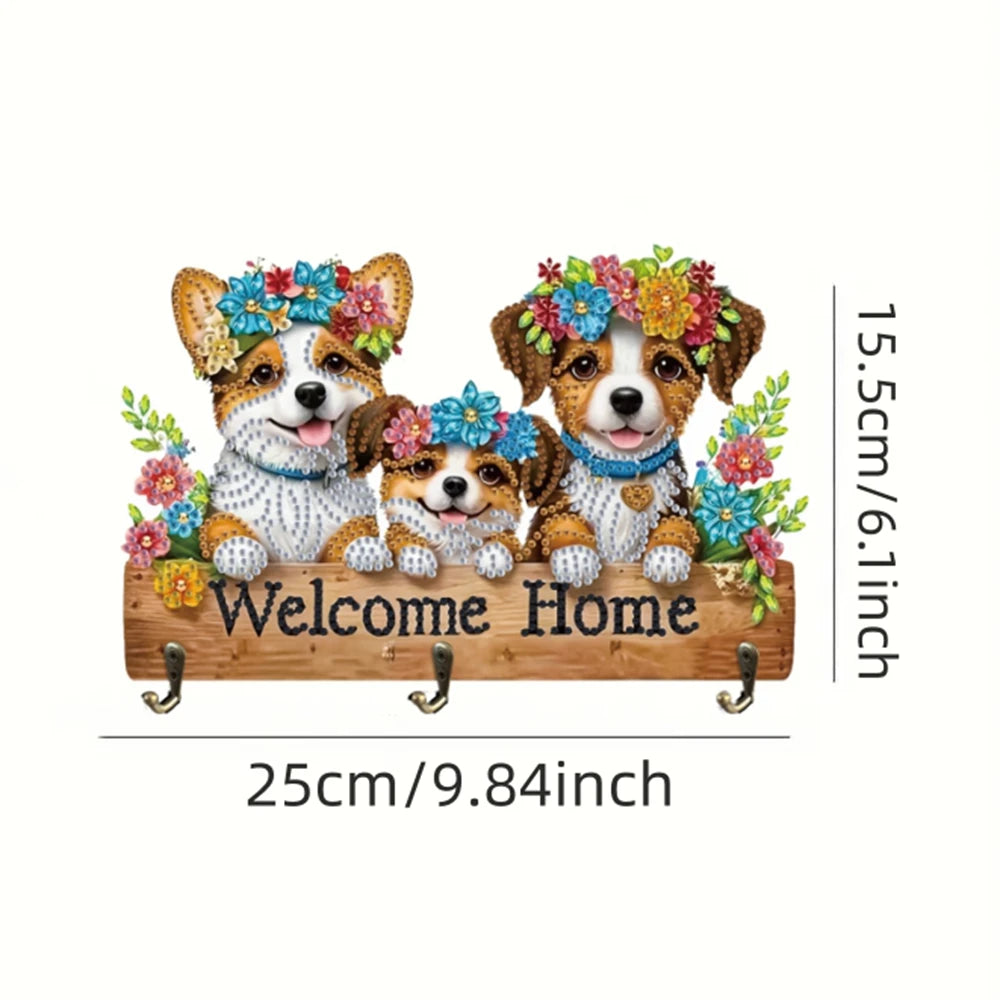 Diamond Painting Kapstok/Sleutelrek met Honden Design 3 Haken