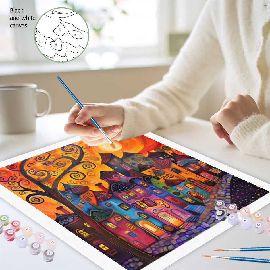 Schilderen op nummer Landschappen - Abstracte huizen, landschappen en busjes (Keuze uit 13 afbeeldingen)