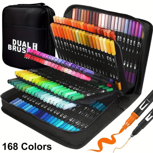 Stiften set met dual brush markers voor kleuren, tekenen en handletteren