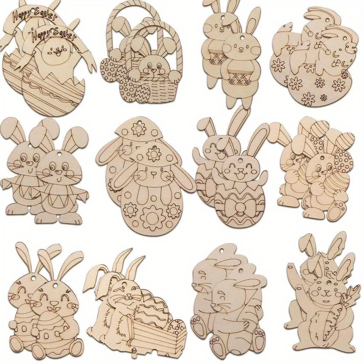 Houten Paas figuren om zelf te kleuren/schilderen – Konijn & Ei Hangers Set