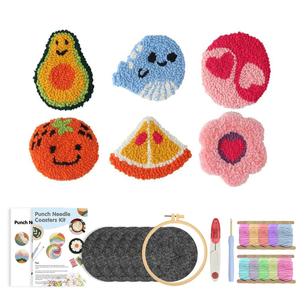 Punch Needle pakket Cartoon Eten Onderzetters Set 6 Stuks voor Beginners