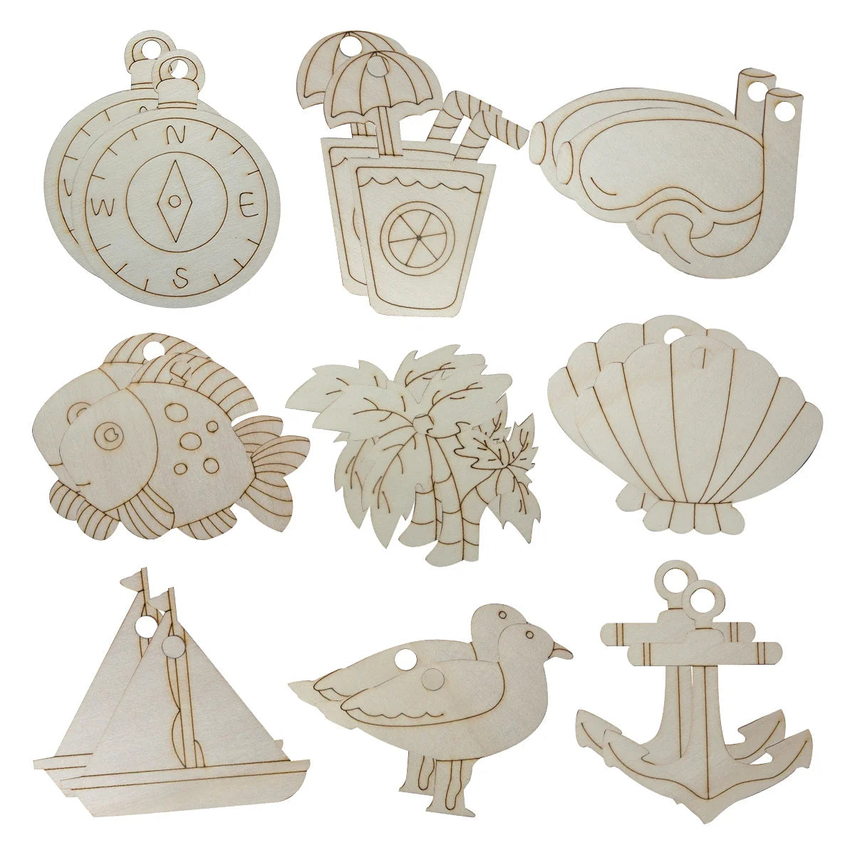 Houten figuur om zelf te schilderen/kleuren – Zeedieren en boot decoraties set