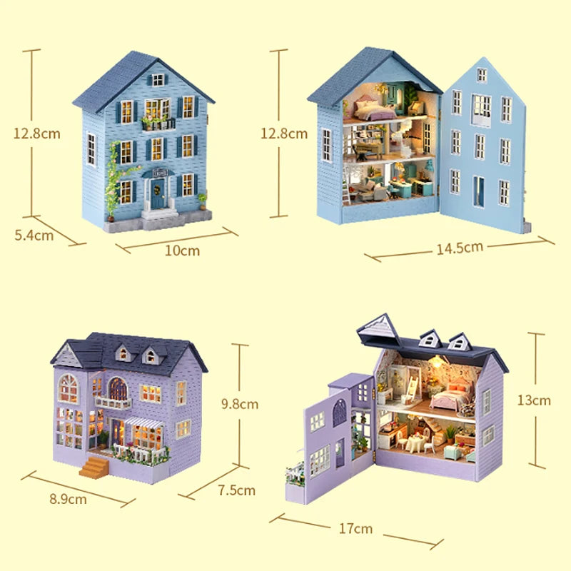 Zelfbouw miniatuurhuisje houten villa met meubels en verlichting - D-031
