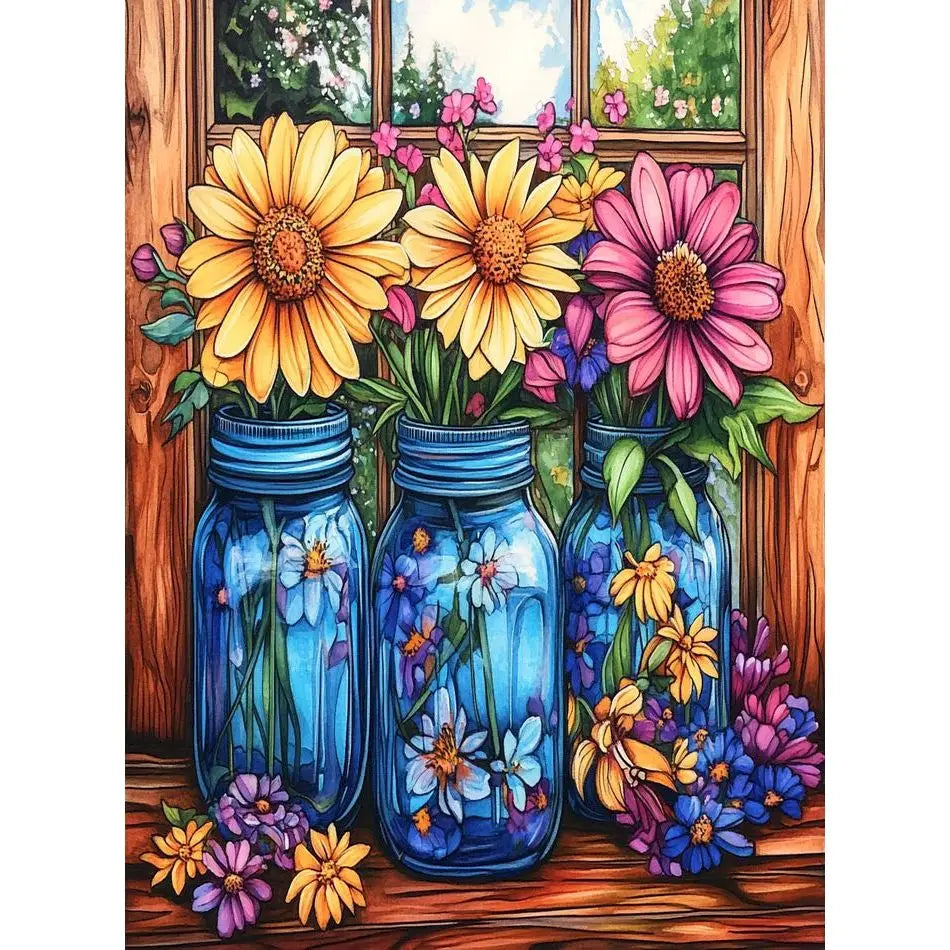 Schilderen op nummer Bloemen met glazen vazen op canvas met frame - 9967503