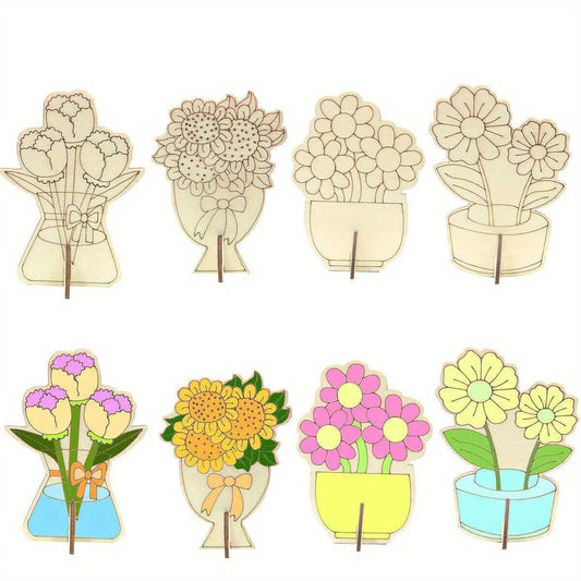 Houten figuren om zelf te kleuren/schilderen – Bloemenboeket decoratie (16 stuks)
