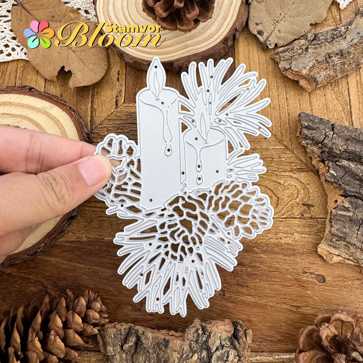 Snijmal kersttakken, bladeren en kaarsen voor decoratief embossing en kaarten