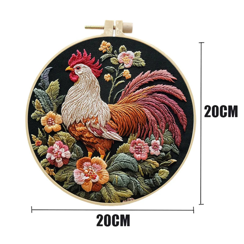 Borduurpakket rond haan met bloemen patroon voor beginners