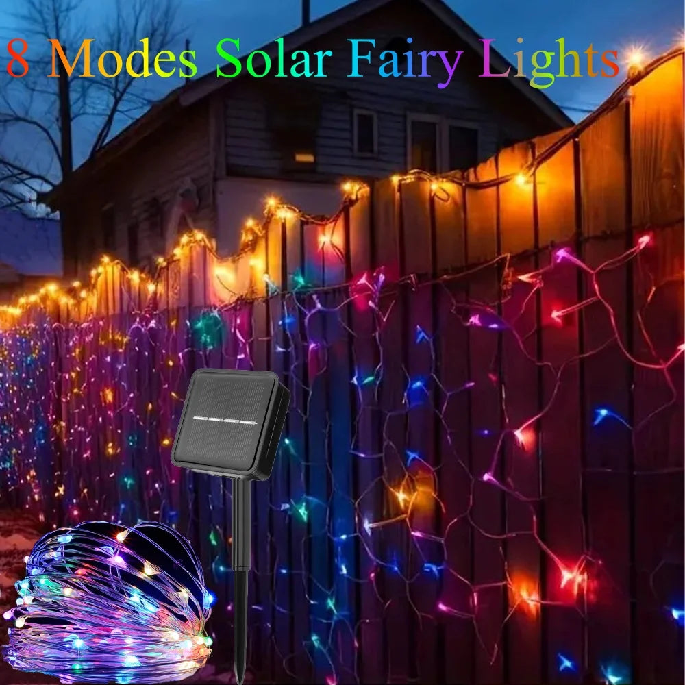 Solar Kerstverlichting multicolor buiten – koperkleurige draad met 8 lichtstanden