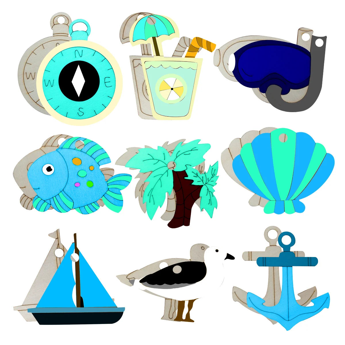 Houten figuur om zelf te schilderen/kleuren – Zeedieren en boot decoraties set