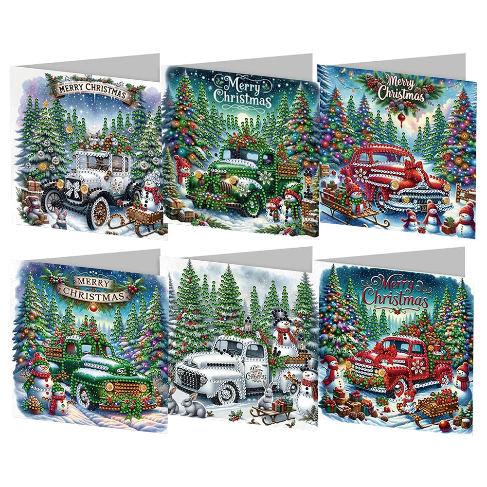 Diamond Painting Kerstkaarten set – Auto’s met kerstthema (6 stuks)