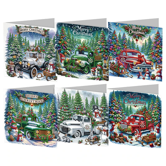 Diamond Painting Kerstkaarten set – Auto’s met kerstthema (6 stuks)