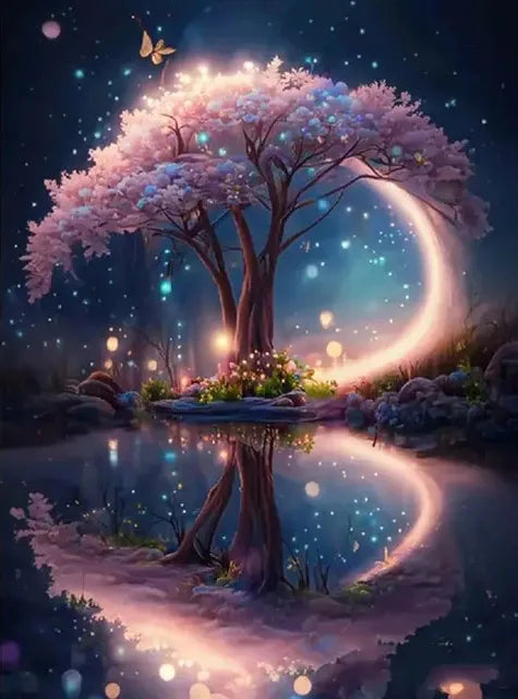 AB Diamond Painting op canvas - Fairy Dust Fantasy met Sterrenhemel, Boom & Vlinder