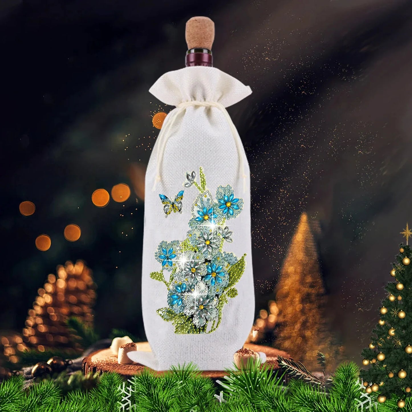 Diamond Painting Flessen hoes Uil & Bloemen Wijnfles Zak