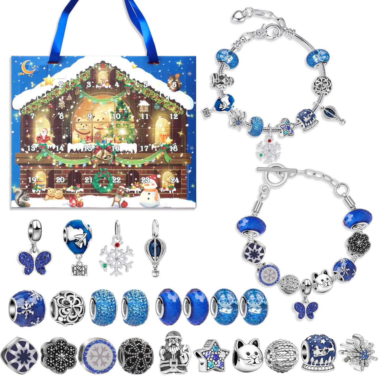 Advent kalender bedelarmbanden blauw met 24 verrassingen – kerstcadeau box