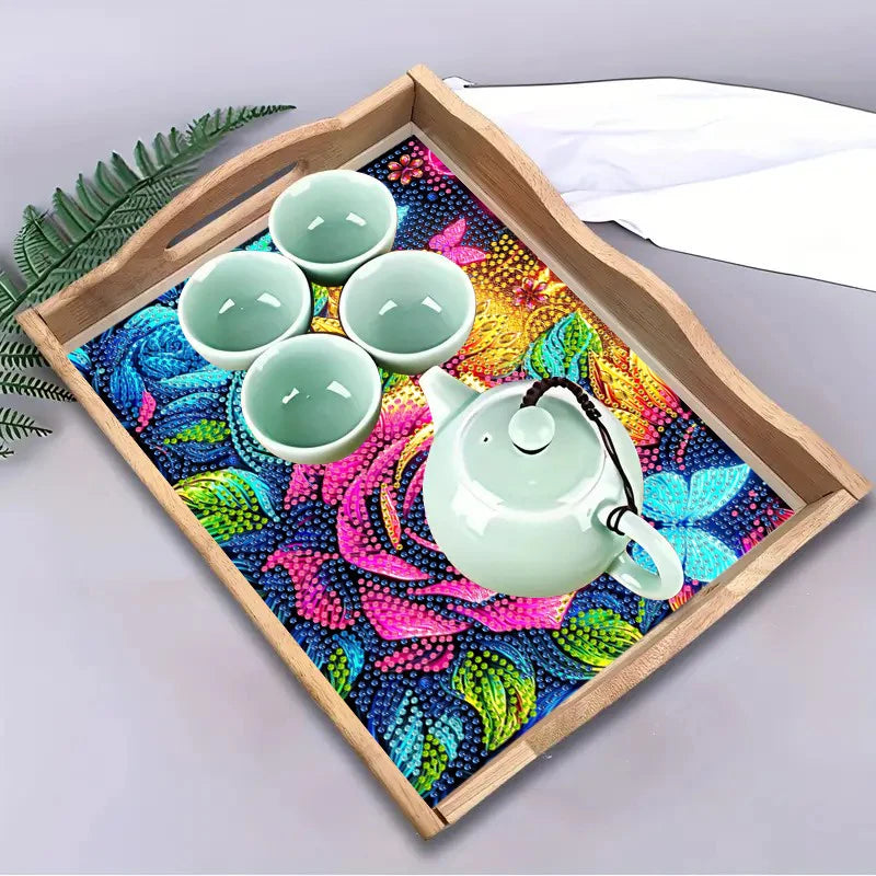 Diamond Painting Dienblad Roos, Zonnebloem en Vlinders Houten Tray met Handvat