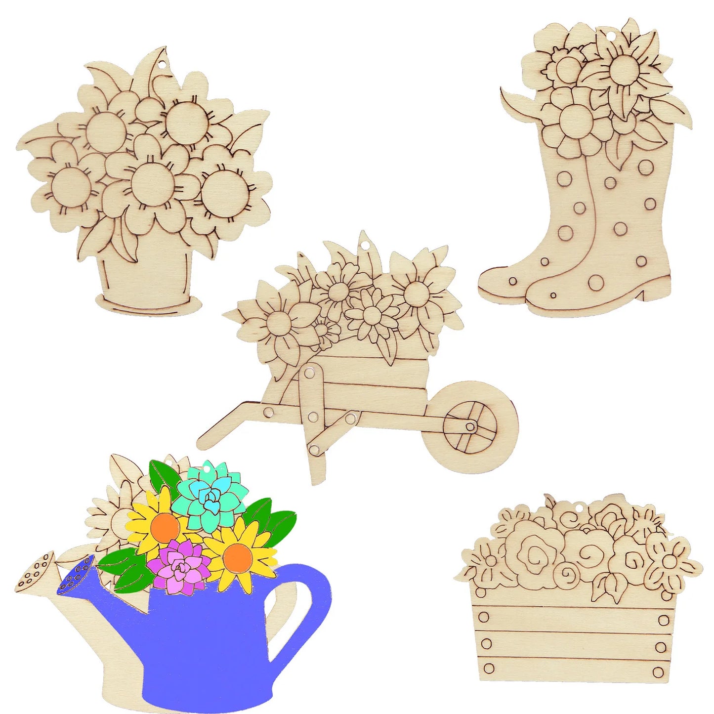 Houten figuren om zelf te kleuren/schilderen bloemen set (15 stuks)