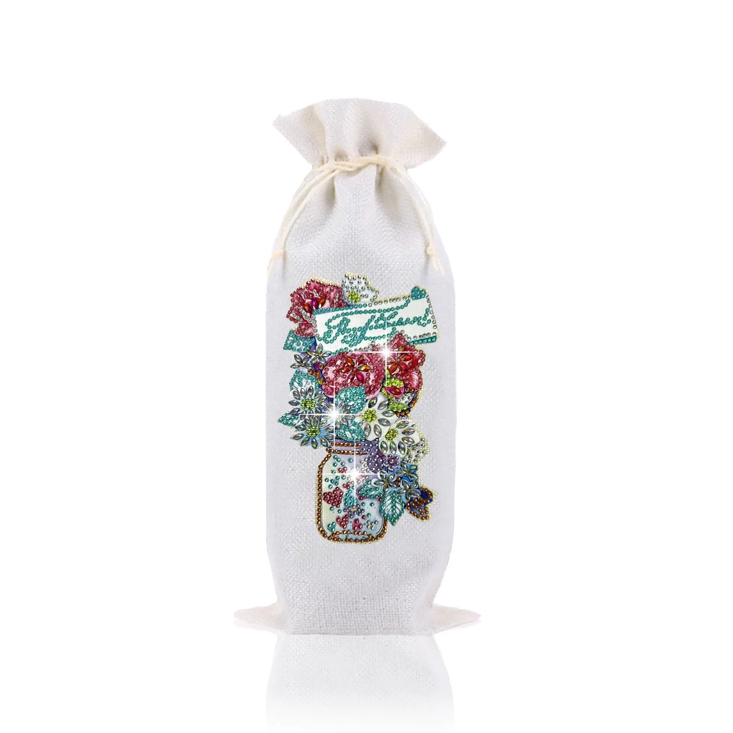 Diamond Painting Flessen hoes Uil & Bloemen Wijnfles Zak