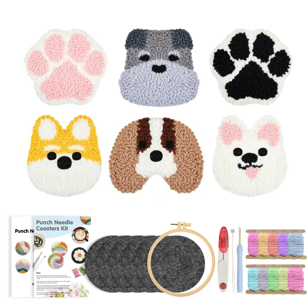 Punch Needle pakket onderzetters honden 6-delig voor beginners