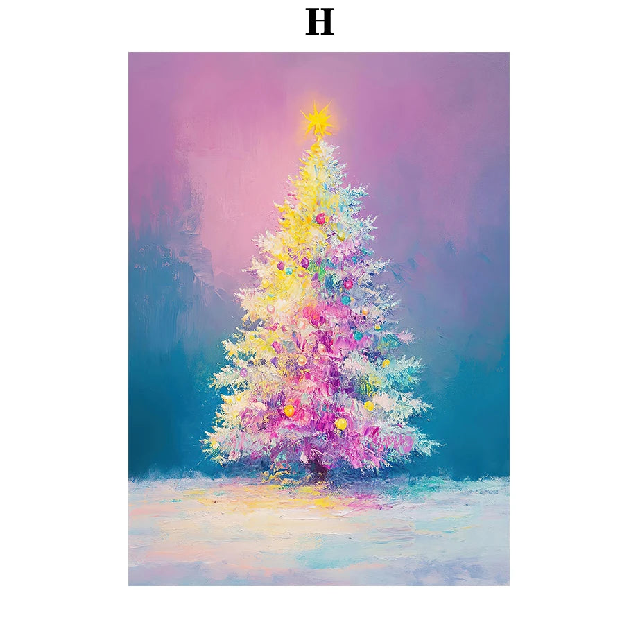 Kerst schilderij sfeervol nachtelijk sneeuwhuis met kerstboom op canvas