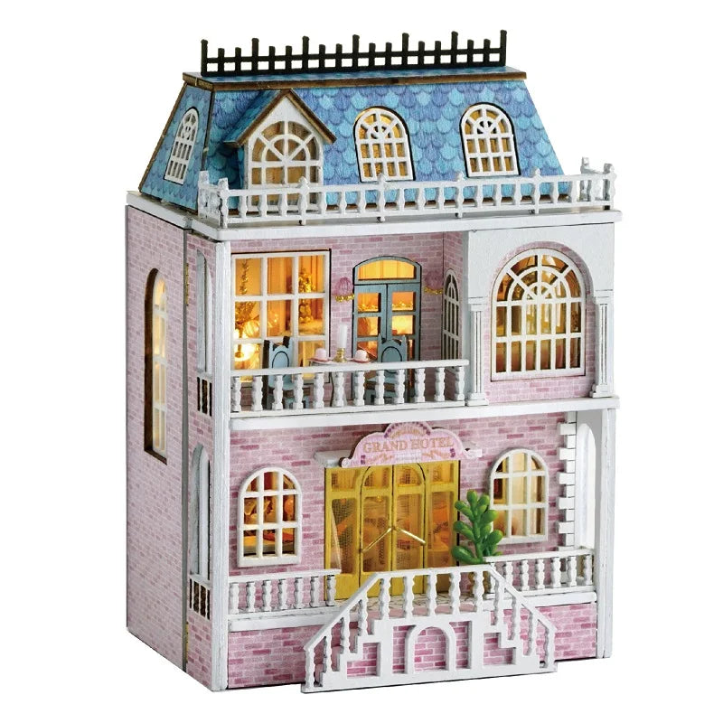 Zelfbouw miniatuurhuisje houten villa met meubels en verlichting - D-018