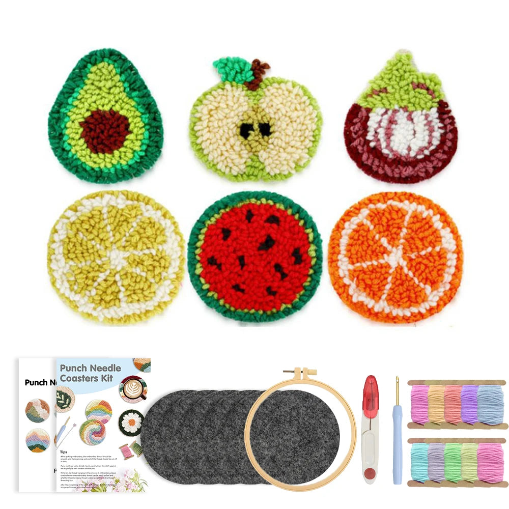Punch Needle pakket Fruit onderzetters complete startersset 6-delig