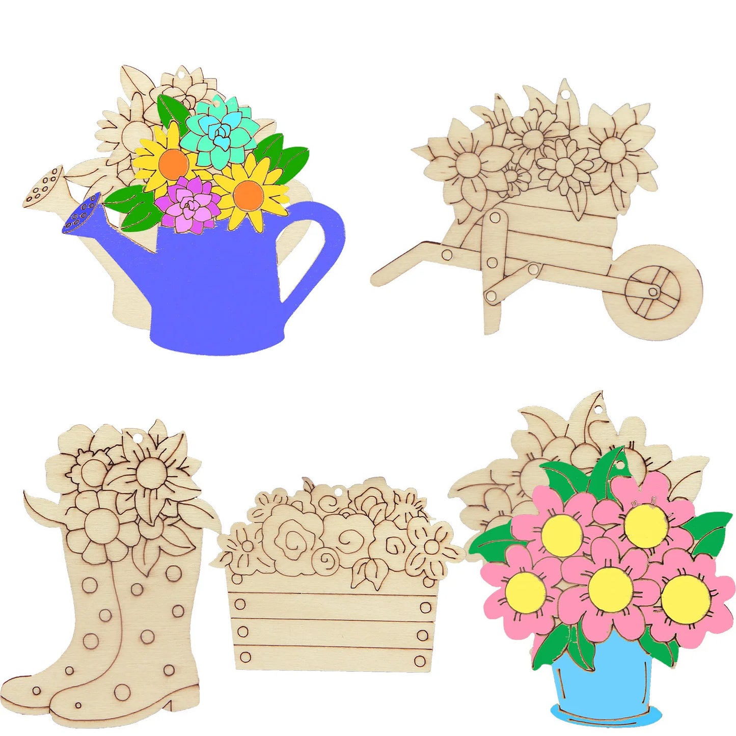 Houten figuren om zelf te kleuren/schilderen bloemen set (15 stuks)