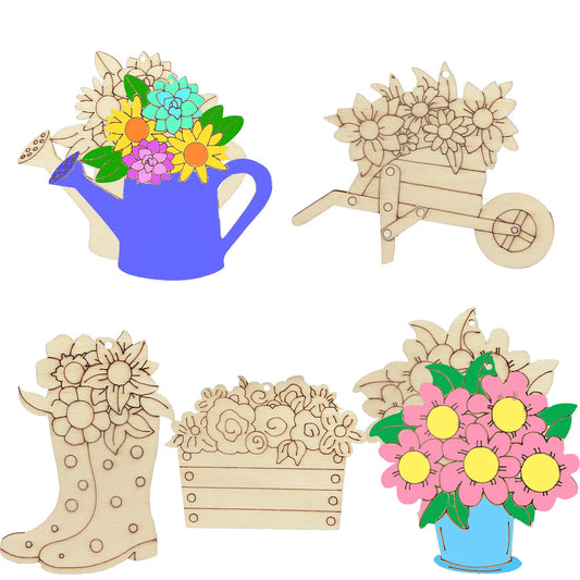 Houten figuren om zelf te kleuren/schilderen bloemen set (15 stuks)