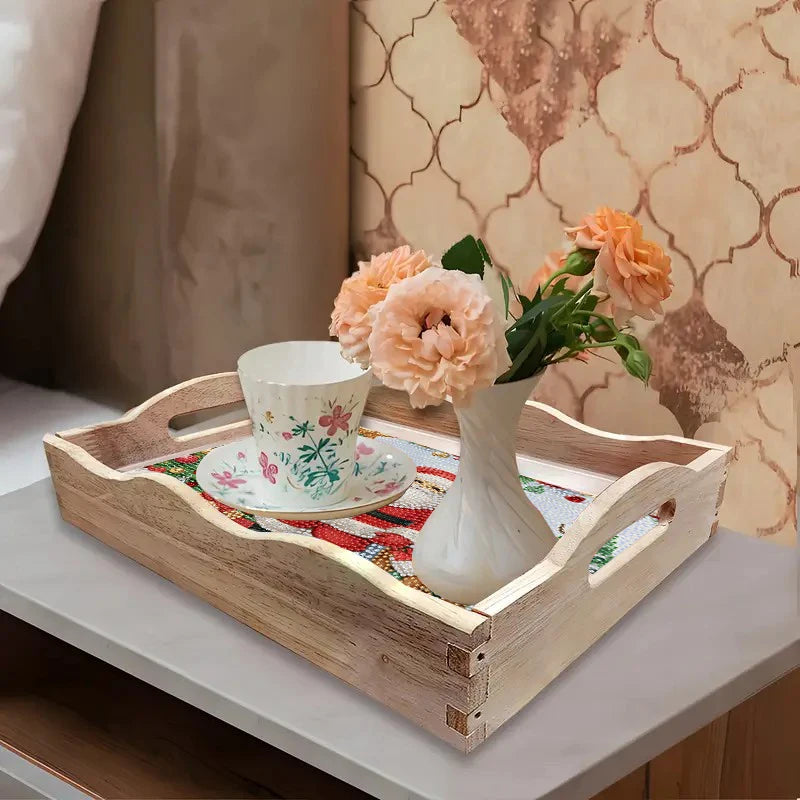 Diamond Painting Dienblad Kerstman met Rendier en Kerstbomen Houten Tray
