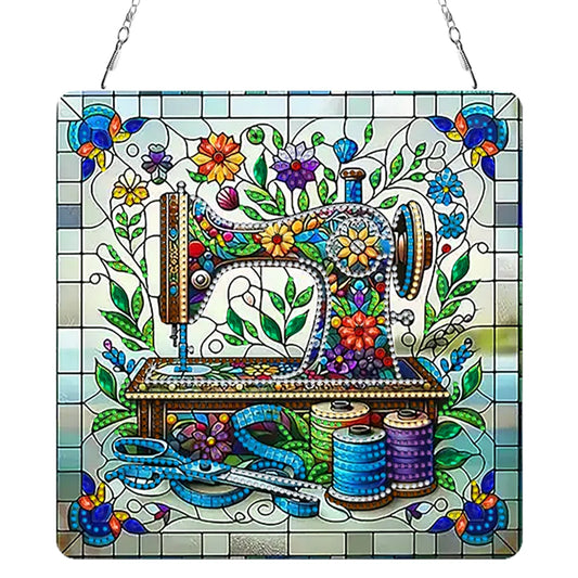 Diamond Painting Hangend ornament naaimachine met bloemen acryl steentjes