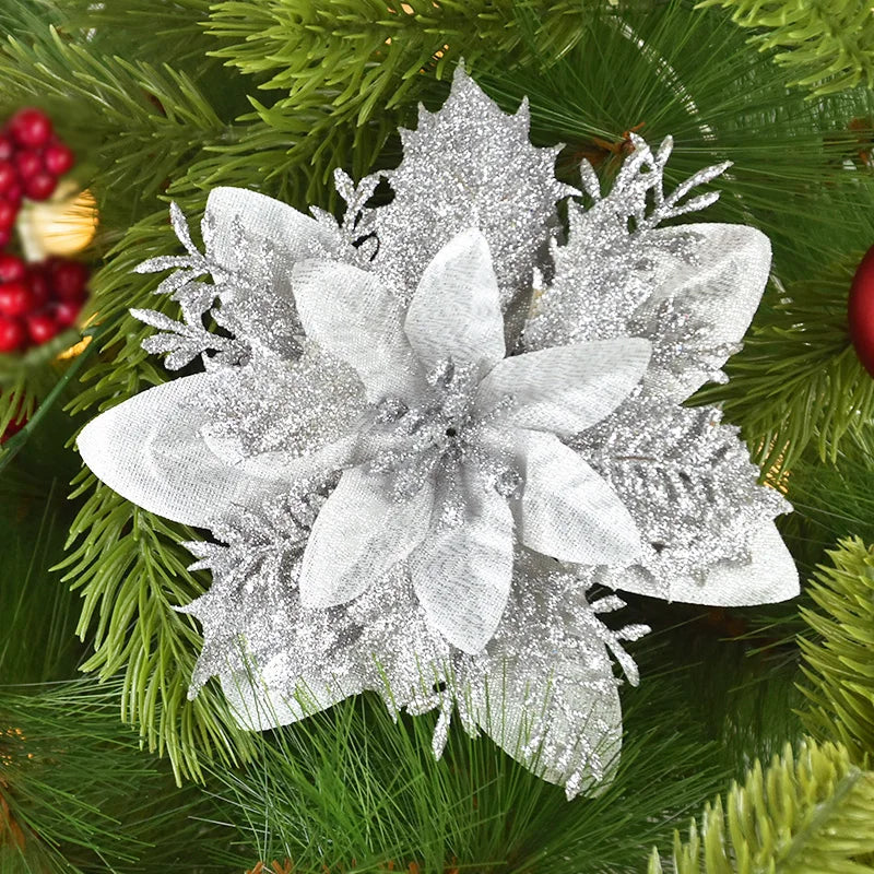 Kerstboom ornamenten glitter bloemen 14cm kerstdecoratie set