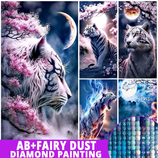AB Diamond Painting op canvas - Tijger bij Sakura boom en maan