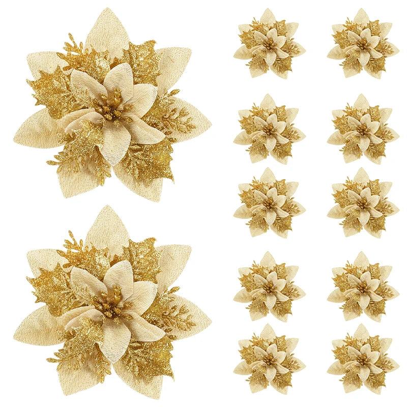 Kerst ornament voor in Kerstboom glitterbloemen goud 14,5 cm set van 5 stuks