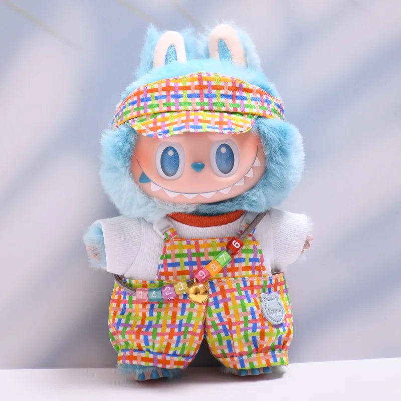 Kleding voor Labubu poppen – Regenboog overall en hoed set 15/17cm