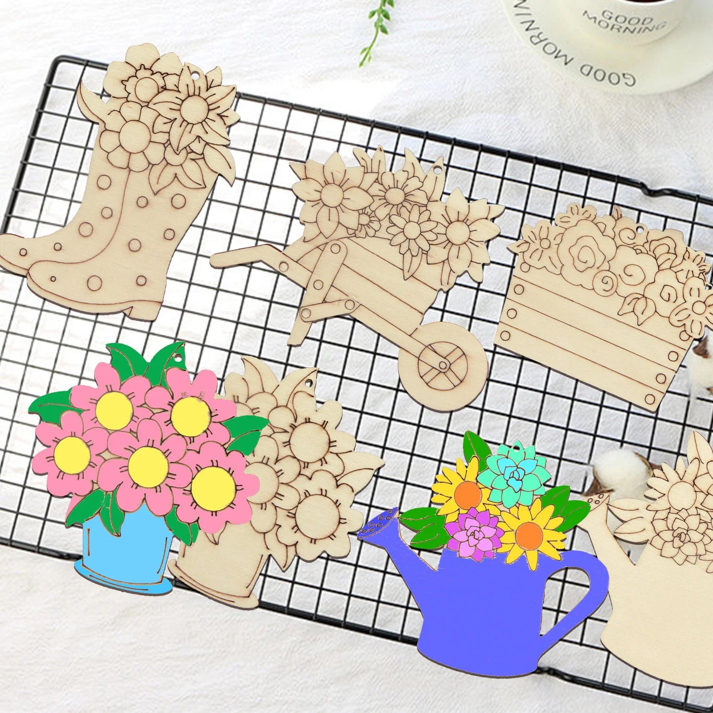 Houten figuren om zelf te kleuren/schilderen bloemen set (15 stuks)