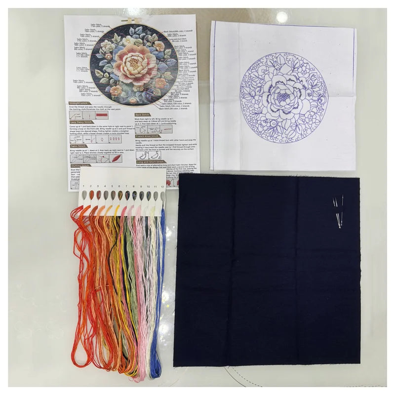 Borduurpakket rond haan met bloemen patroon voor beginners