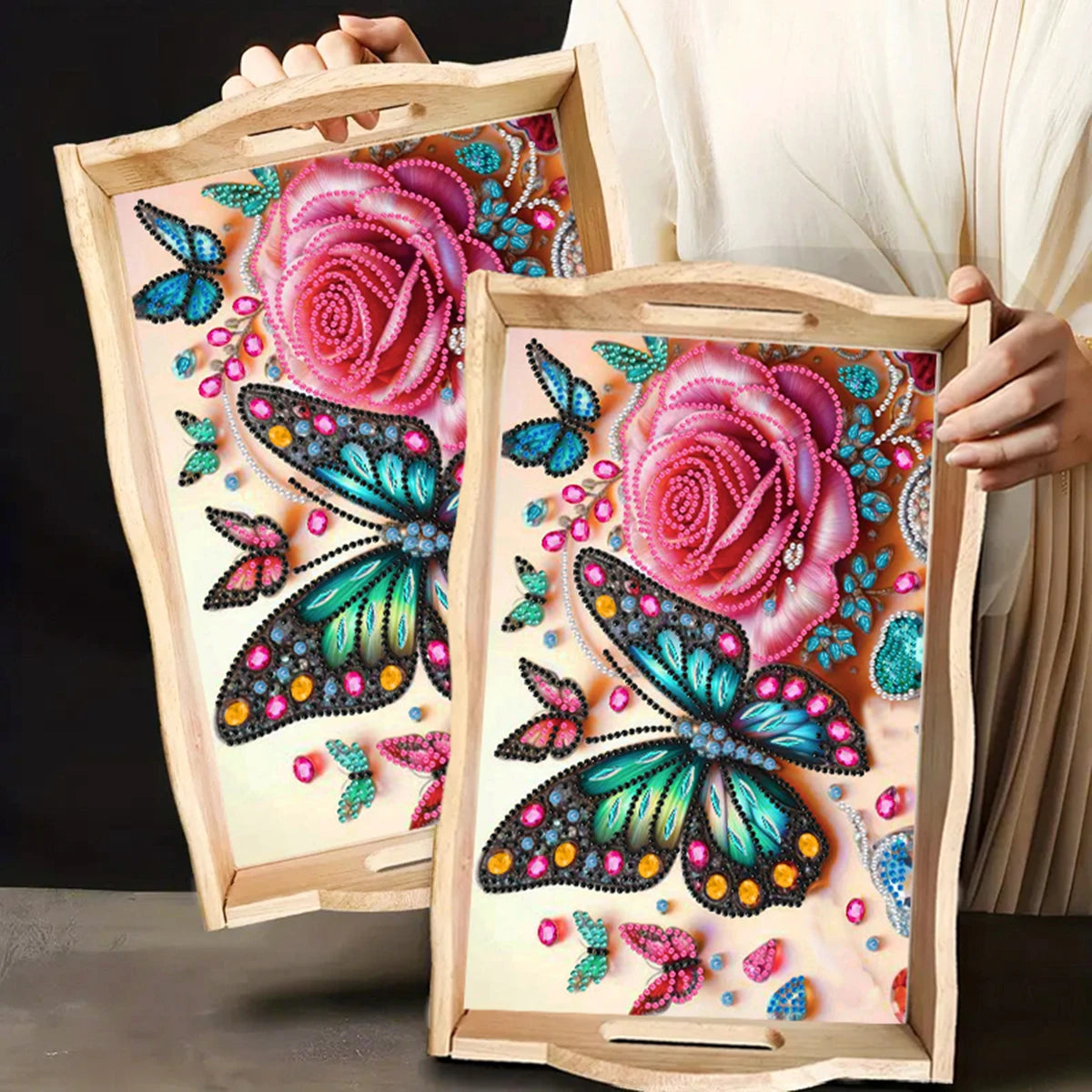 Diamond Painting Dienblad Roos en Vlinders Houten Serveerblad met Handvat