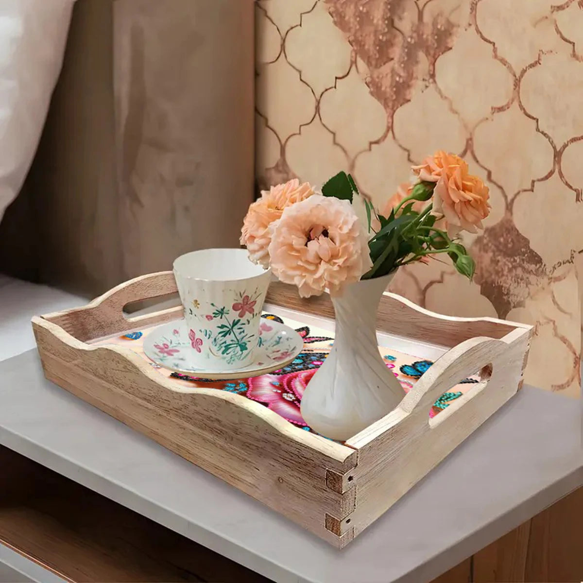 Diamond Painting Dienblad Roos en Vlinders Houten Serveerblad met Handvat