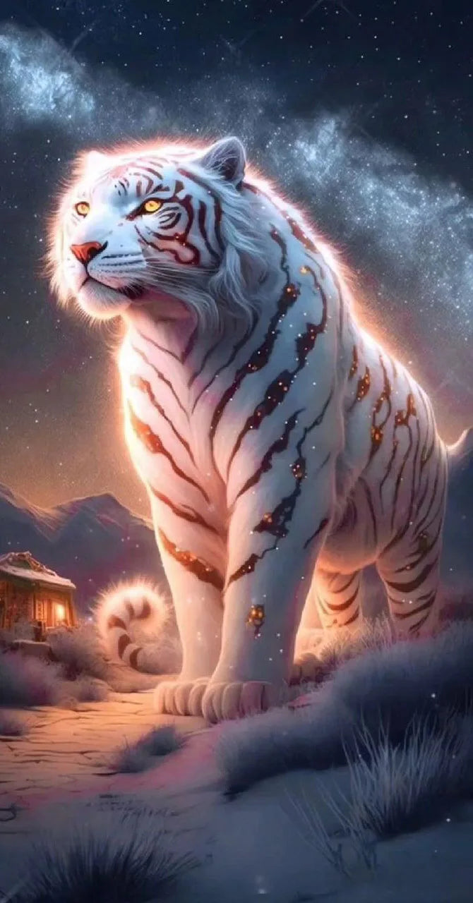 AB Diamond Painting op canvas - Tijger bij Sakura boom en maan