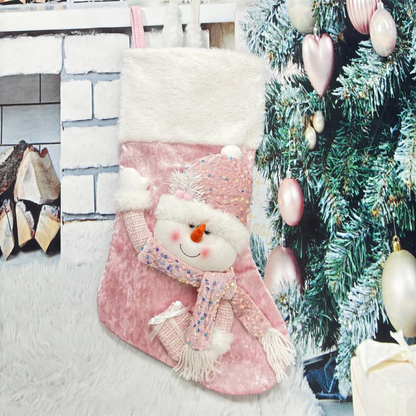 Kerst sok (decoratief) met kerstman en sneeuwpop – feestelijke hangdecoratie voor boom of haard