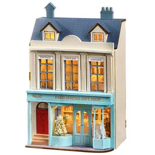 Zelfbouw miniatuurhuisje houten villa met meubels en verlichting - D-065
