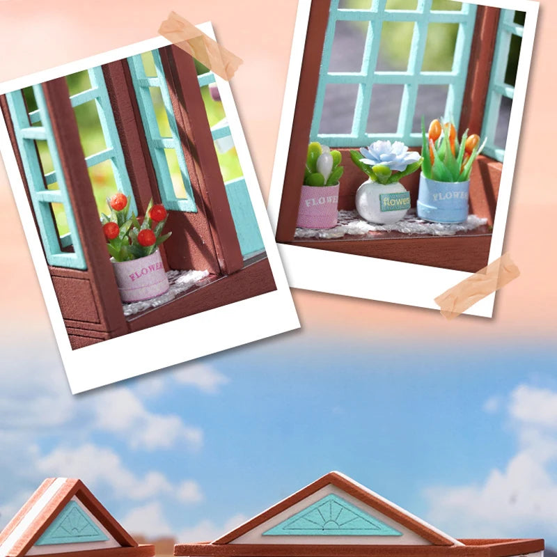 Zelfbouw miniatuurhuisje houten villa met meubels en verlichting - D-0013