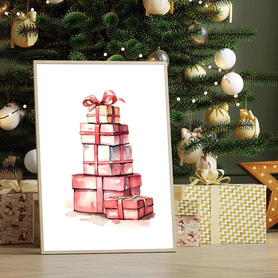 Kerst schilderij kerstboom met kerstman sneeuwhuis canvas poster