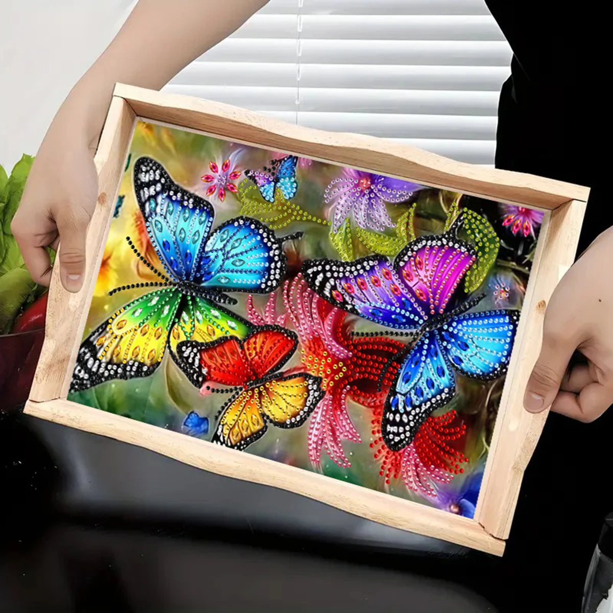 Diamond Painting Dienblad Vlinders met Houten Handgreep voor Strass Steentjes