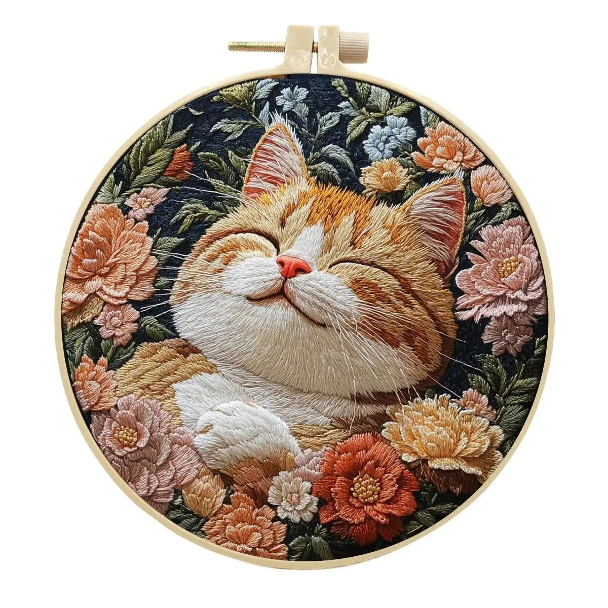 Borduurpakket rond Kat met Bloemen op Zwarte Stof 30 x 30 cm