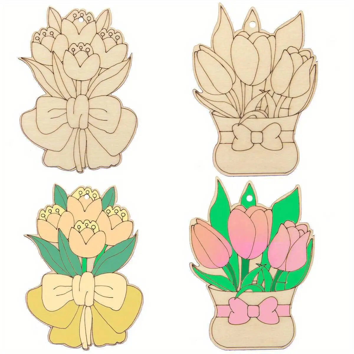Houten figuren om zelf te schilderen/kleuren – bloemen hangers set van 10