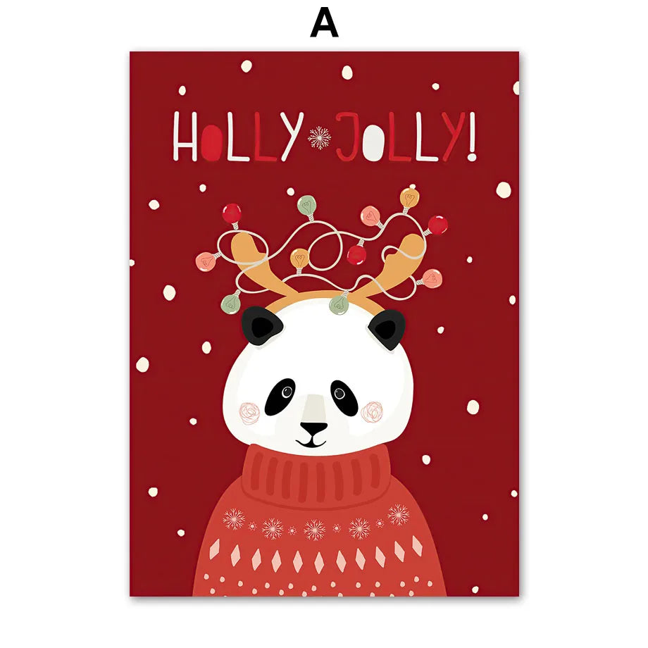Kerst schilderij (canvas) panda met kerstboom en sneeuwvlokken – moderne wanddecoratie