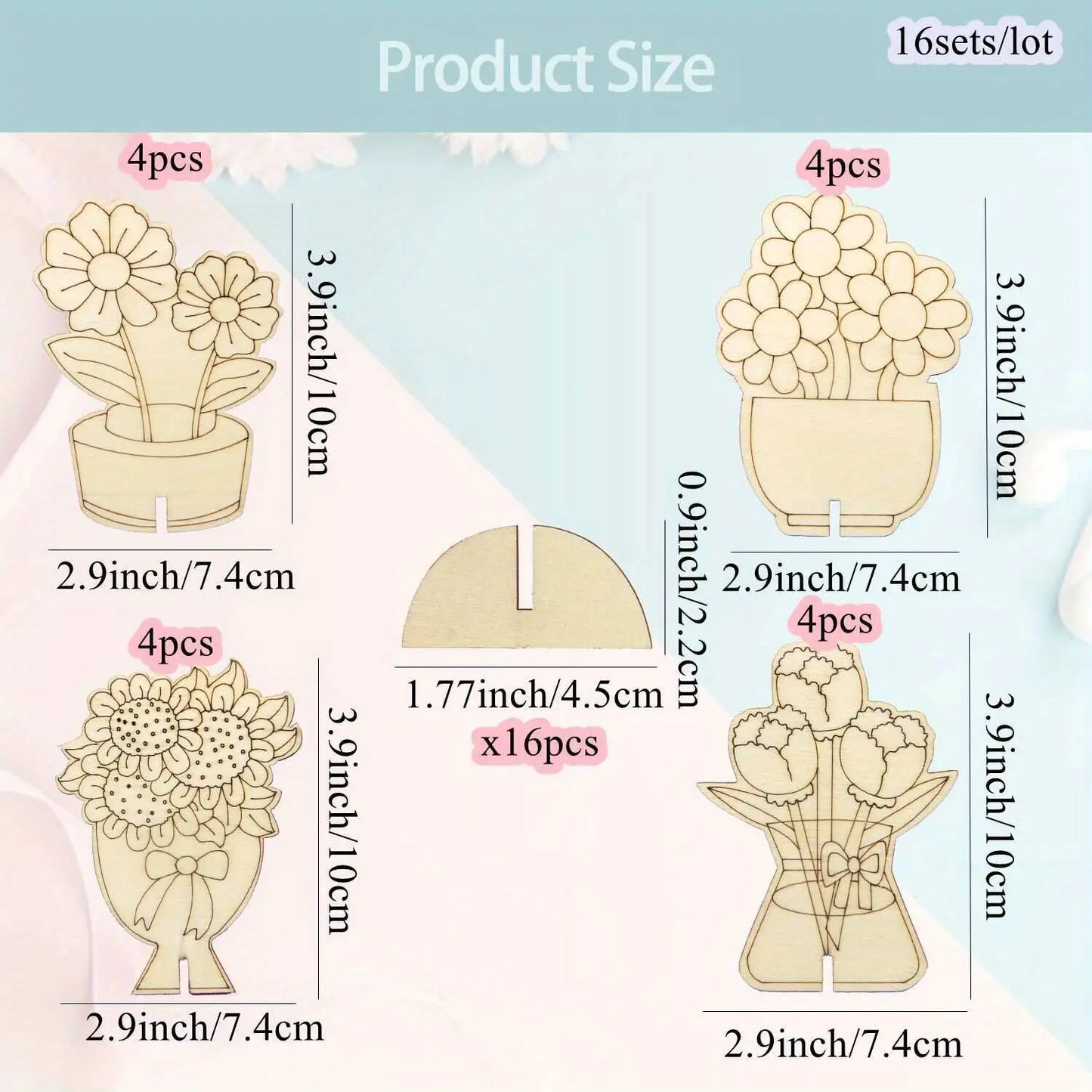 Houten figuren om zelf te kleuren/schilderen – Bloemenboeket decoratie (16 stuks)