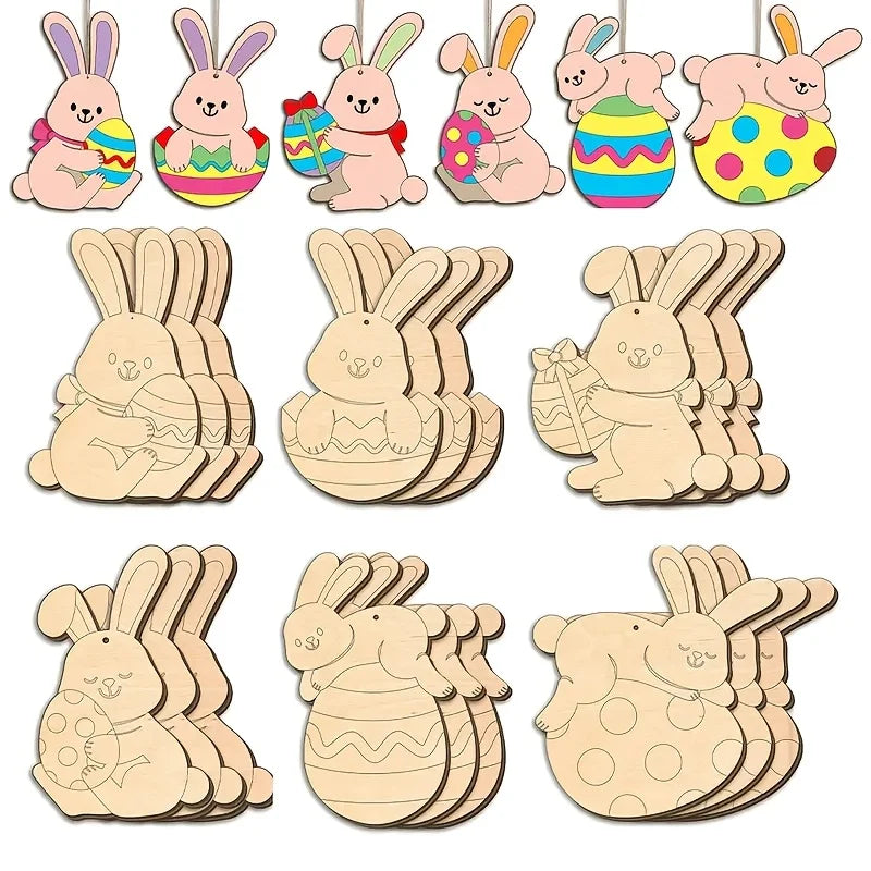Houten Paas figuren om zelf te kleuren/schilderen met konijn en ei hangers